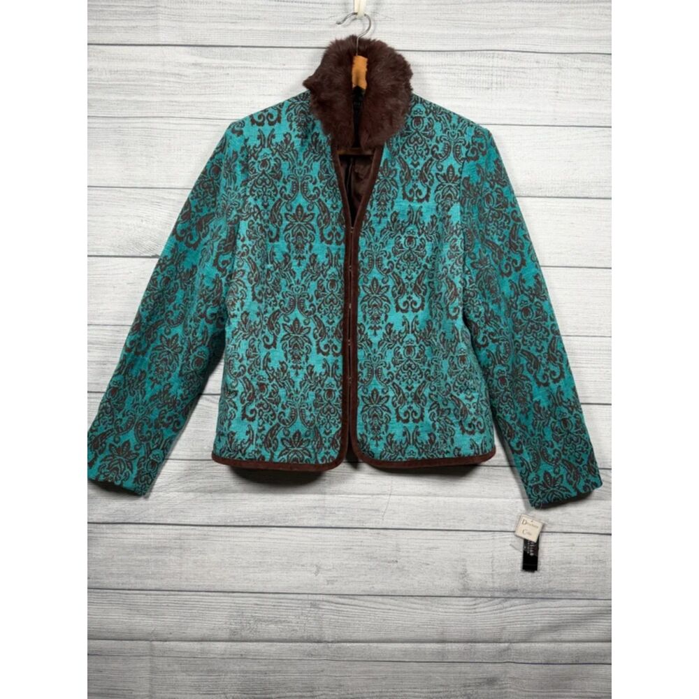 Parisian Signature NWT Women's 12 Teal Brown Damask Jacket Collar 1248